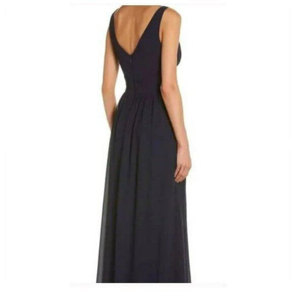 LuLu's Women's XS Sleeveless Plunging Neck Chiffon A-Line Maxi Dress Navy Blue - Picture 4 of 16